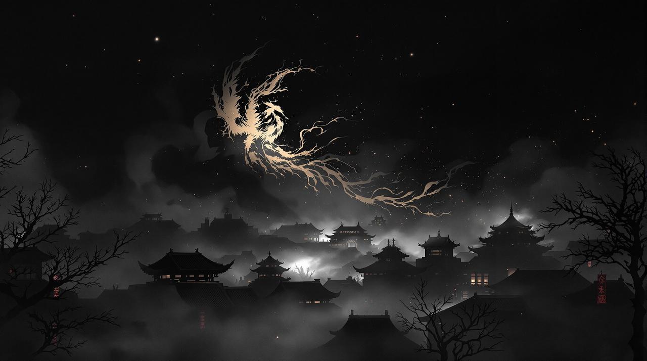 草榴视频品牌意境图 - 东方水墨玄鸟掠影